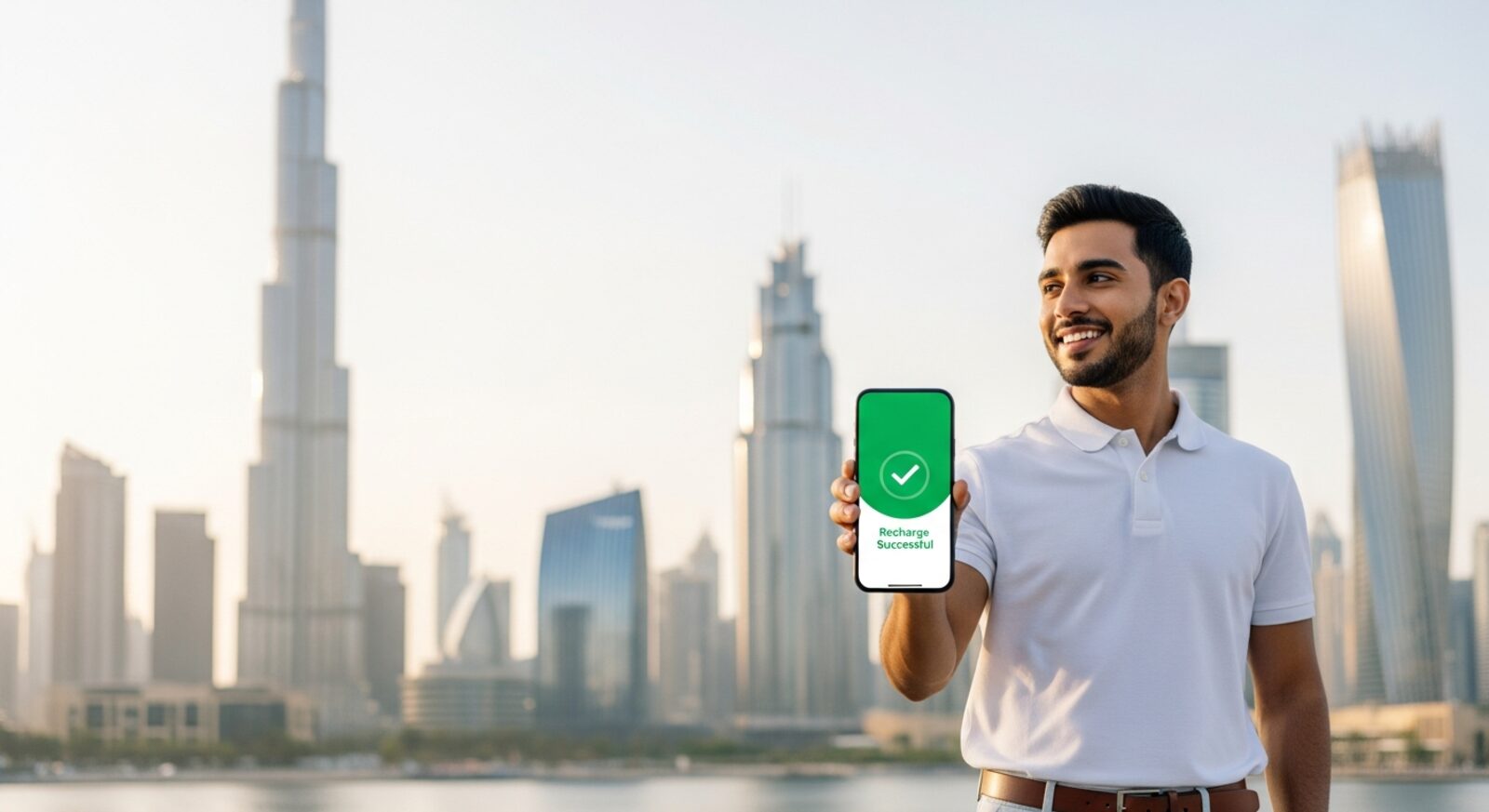 Man completing an Etisalat prepaid recharge in the UAE with Dubai skyline